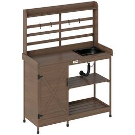 Outsunny - Outdoor Wooden Potting Bench Table with Sink and Water Tap, Garden Workstation with Storage Cabinet, Storage Shelves - Brown