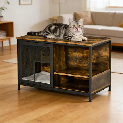 Front. Siljoy - End Table Cat House, 2‑Tier Storage with Removable Cushion, Paw‑Pattern Steel, Adjustable Feet.
