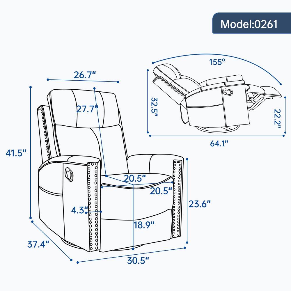 Model: 0261

- 41.5"
- 26.7" 27.7"
- 32.5"
- 155° 64.1"
- 22.2"
- 4.3"
- 20.5" 20.5" 18.9"
- 23.6"
- 37.4"
- 30.5"