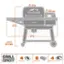The image shows a Traeger grill with dimensions and capacities listed. The grill has a depth of 25 inches and a weight of 199 pounds. It is 48 inches tall and 59 inches wide. The hopper capacity is 22 pounds, and the grill has a capacity of 4. The image also includes a chart with various capacities for different types of food, such as chickens (8,000), rib racks (4), and pork butts (4).