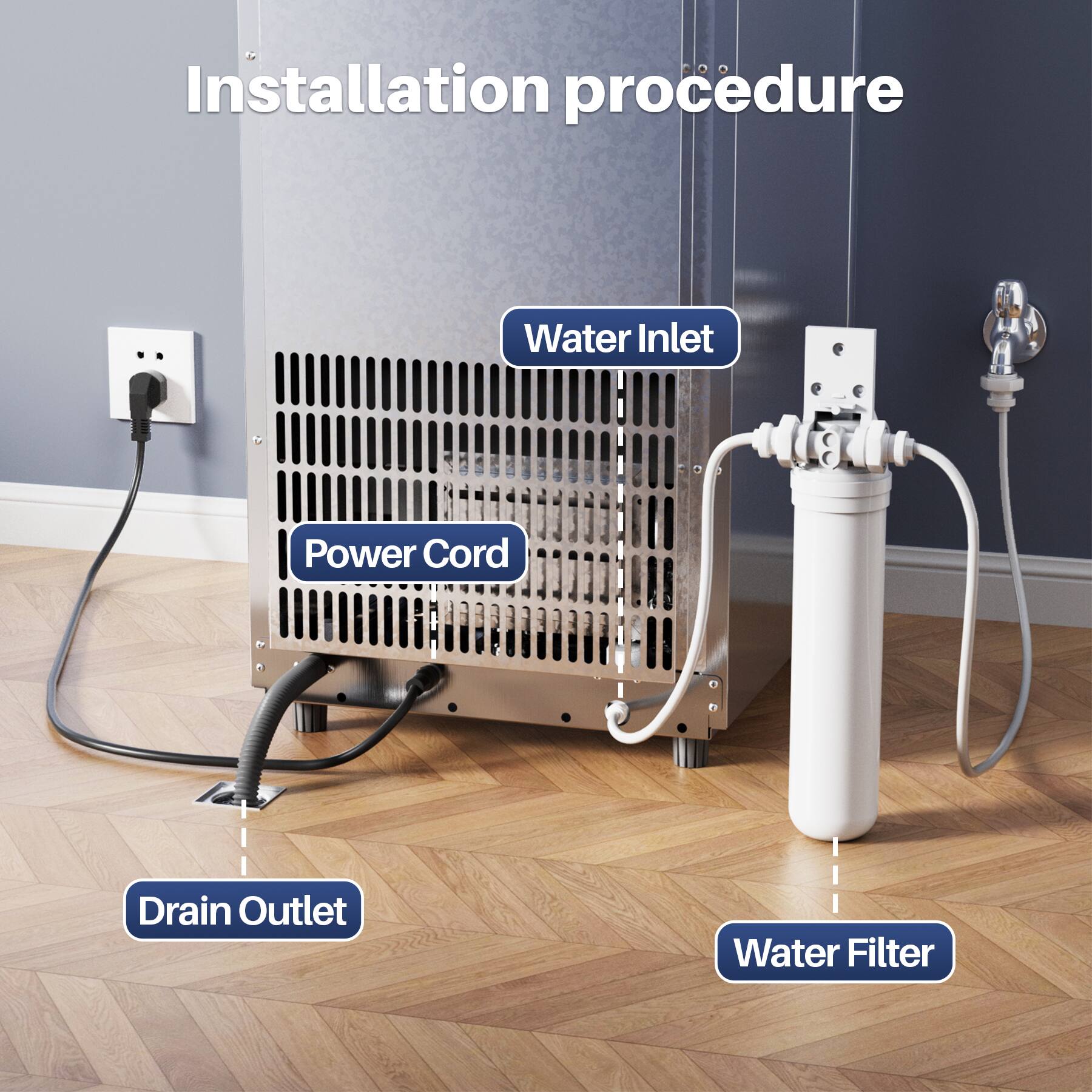 Installation procedure

Water Inlet
Power Cord
Drain Outlet
Water Filter