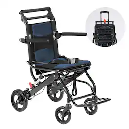VEVOR - Wheelchair, Aluminum Alloy Ultra-Lightweight Transport Chair for Adults, Foldable with Flip-Back Desk-Length Arms - Blue+Black