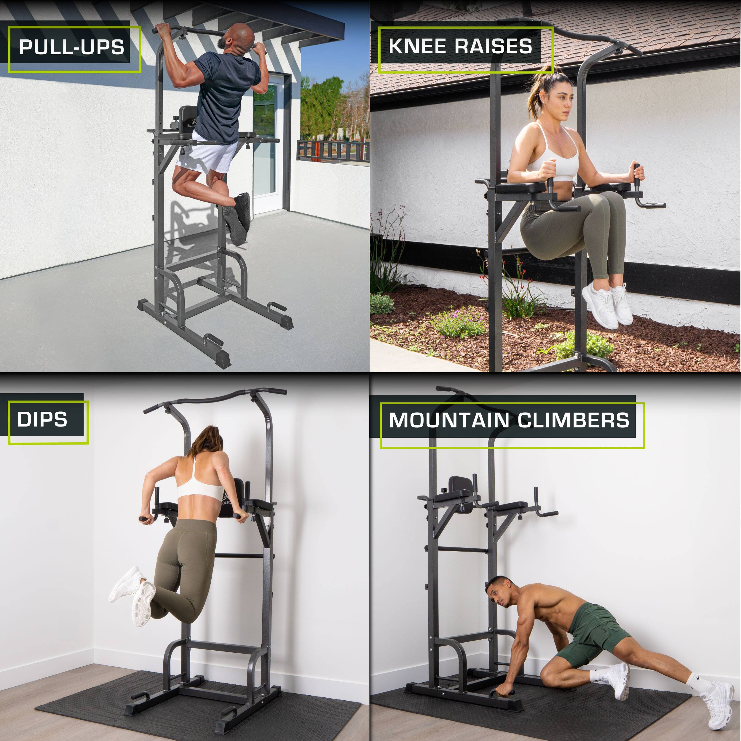 PULL-UPS, KNEE RAISES, DIPS, MOUNTAIN CLIMBERS