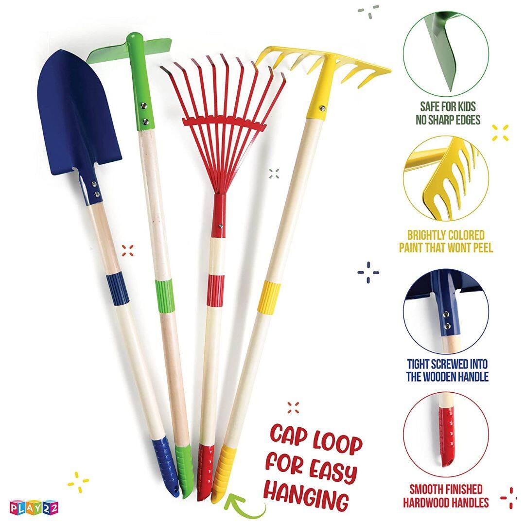 - SAFE FOR KIDS
- NO SHARP EDGES
- BRIGHTLY COLORED PAINT THAT WON'T PEEL
- TIGHT SCREWED INTO THE WOODEN HANDLE
- CAP LOOP FOR EASY HANGING
- SMOOTH FINISHED HARDWOOD HANDLES

PLAY22