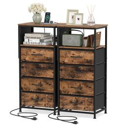 Costway - 2 Pcs Nightstand with Integrated Charging Station, Modern Bedside Table with 4 Fabric Drawers - Rustic Brown + Black