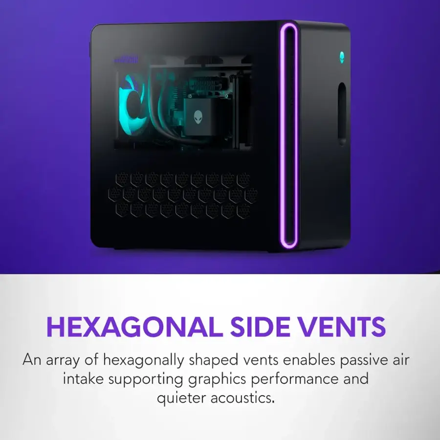 Hexagonal Side Vents: An array of hexagonally shaped vents enables passive air intake supporting graphics performance and quieter acoustics.