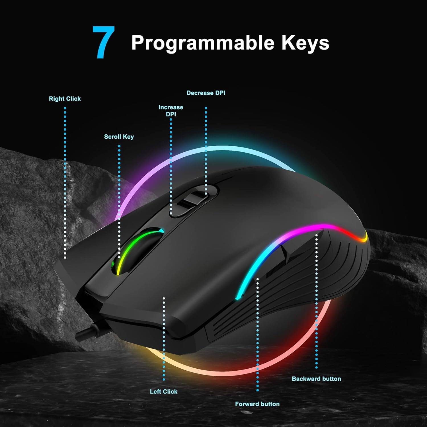 7 Programmable Keys  
- Right Click  
- Decrease DPI  
- Increase DPI  
- Scroll Key  
- Backward button  
- Left Click  
- Forward button