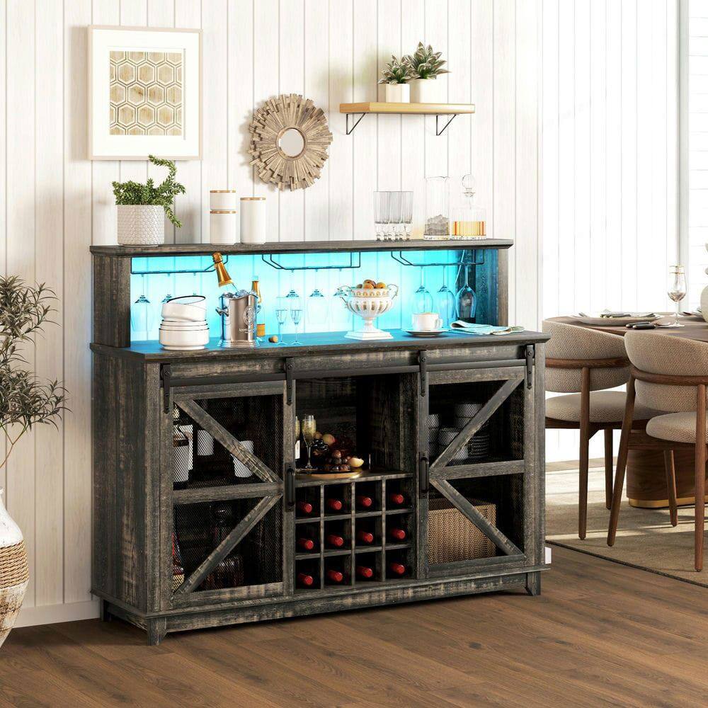 Alt View 3. Kadyn - 55" Farmhouse Coffee Bar with Built-In Lighting and Wine Storage, Brown - Brown.
