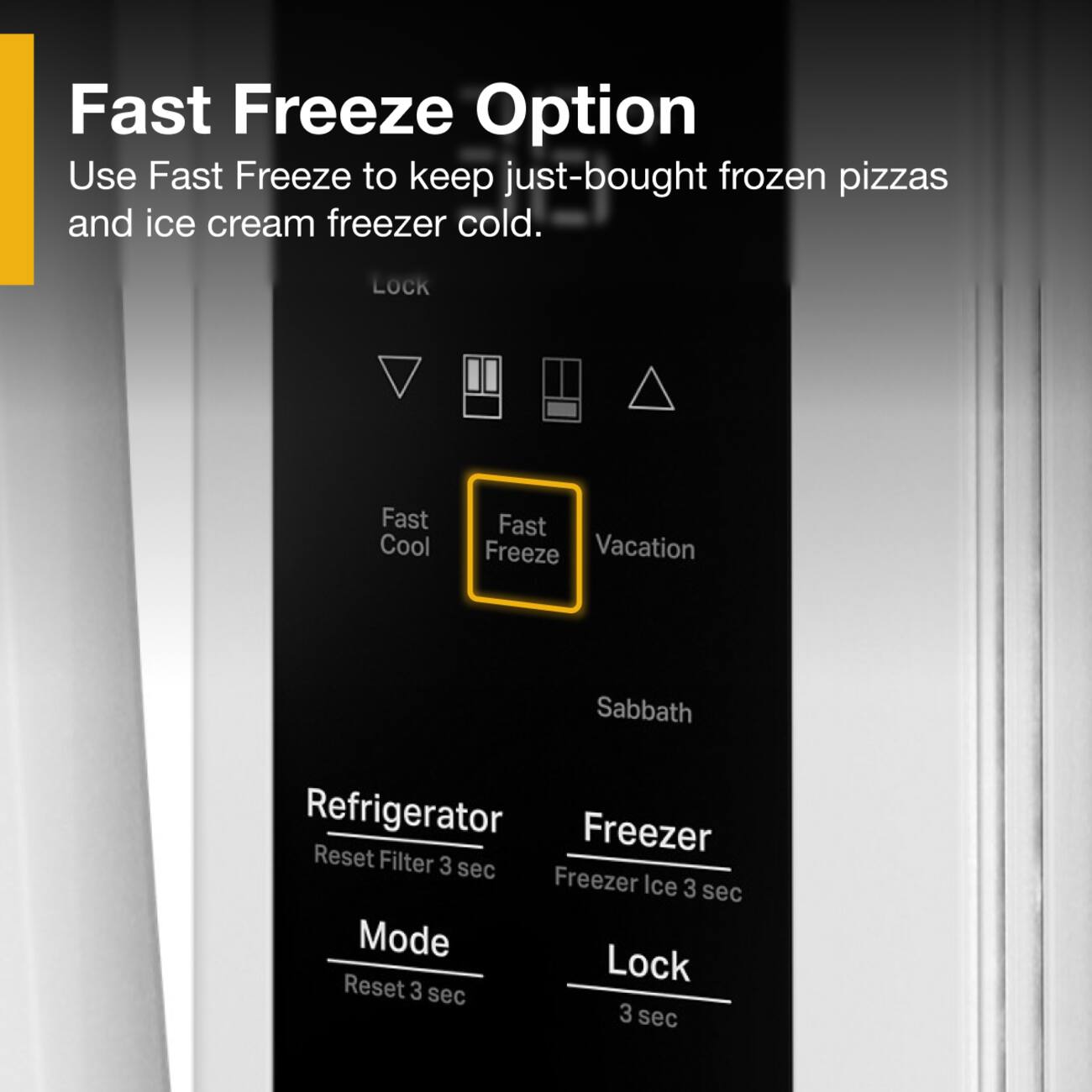 Fast Freeze Option  
Use Fast Freeze to keep just-bought frozen pizzas and ice cream freezer cold.  

LOCK  
Fast Cool  
Fast Freeze  
Vacation  
Sabbath  

Refrigerator  
Reset Filter 3 sec  

Freezer  
Freezer Ice 3 sec  

Mode  
Lock 3 sec  
Reset 3 sec