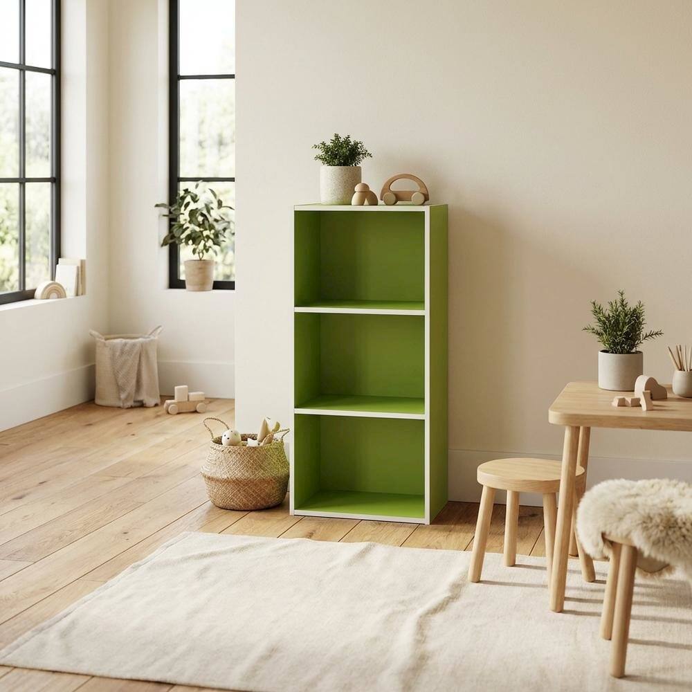 Left. FurniFact - 3-Tier Open Shelf Bookcase with Engineered Wood Construction - Green/White.