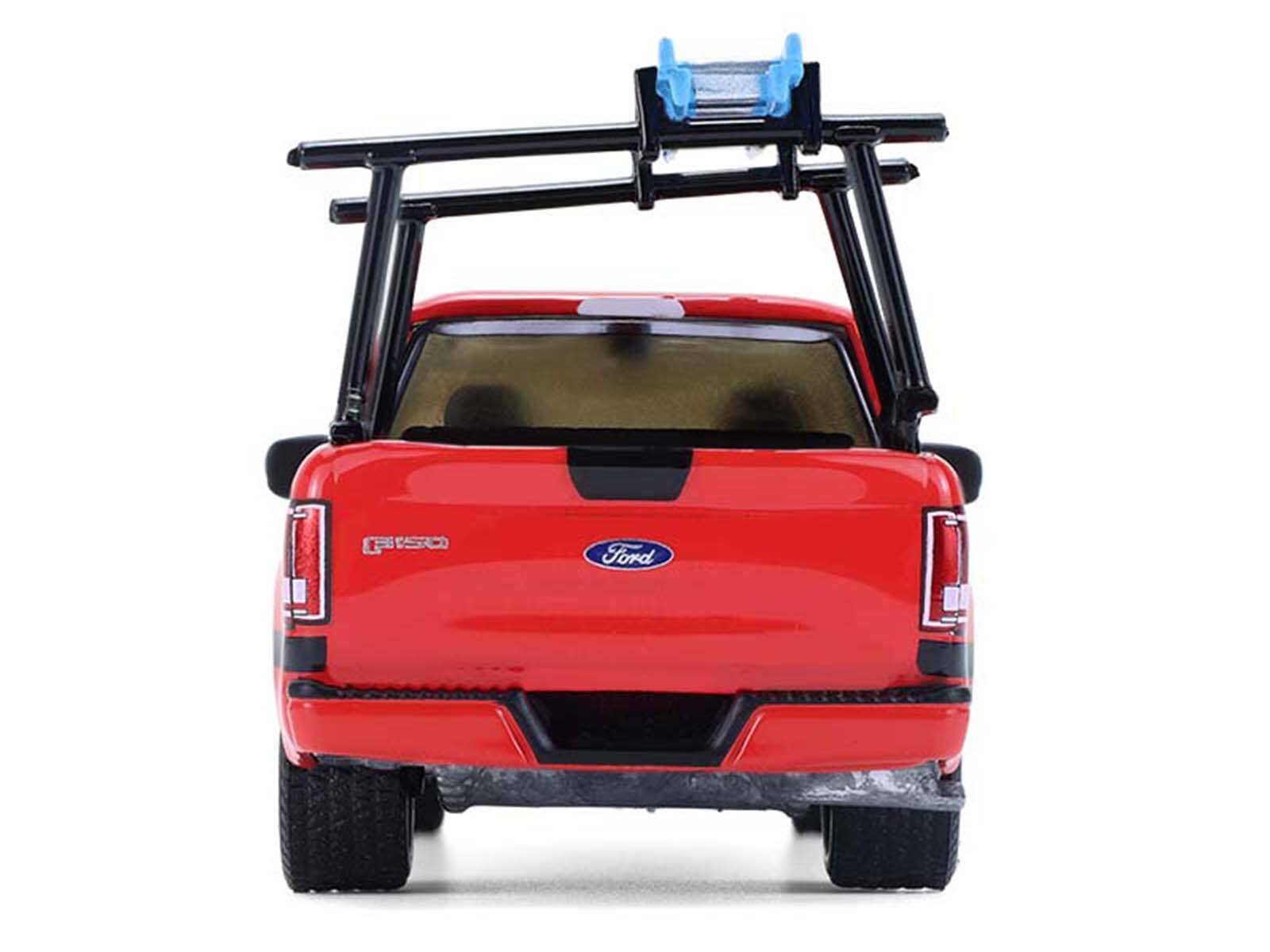 Alt View 5. Greenlight - 2015 Ford F-150 Pickup Truck with Ladder Rack Red with Black Stripes "Down on the Farm" Series 1/64 Model by Greenlight.