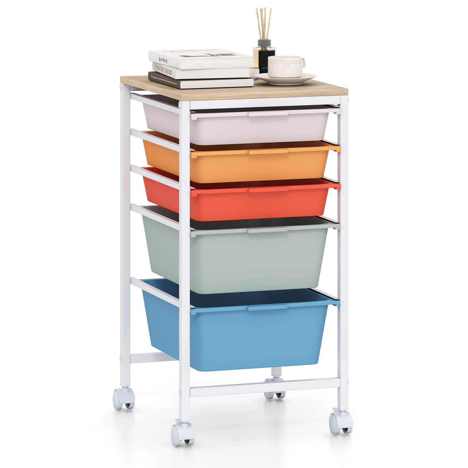 Costway - 5-Drawer Rolling Art Storage Cart with Wooden Tabletop & Lockable Wheels for Office - Natural + Macaron