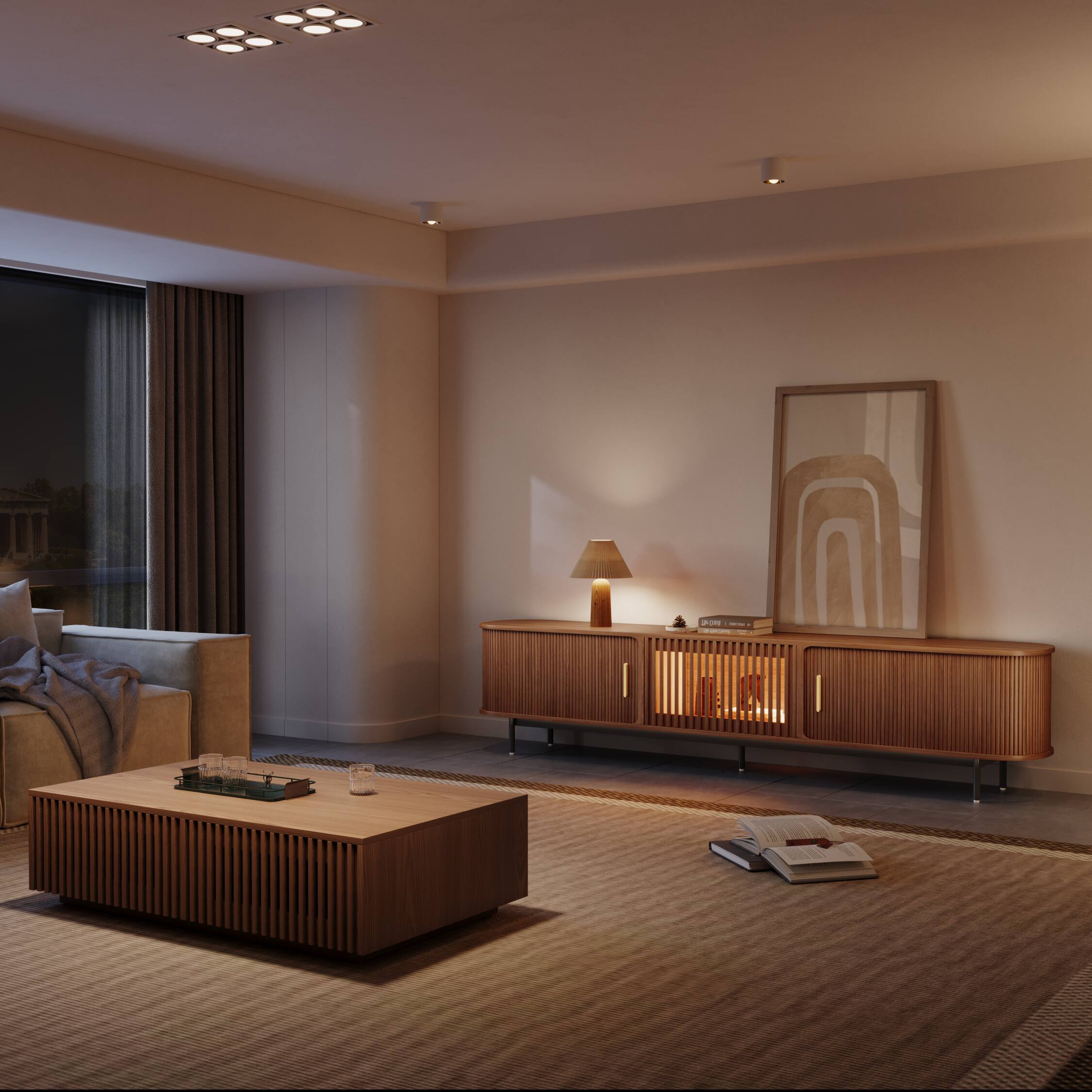 Left. POVISON - 94"Mid-Century Modern Tambour Door TV Stand with LED Lights - Walnut with LED Lights.