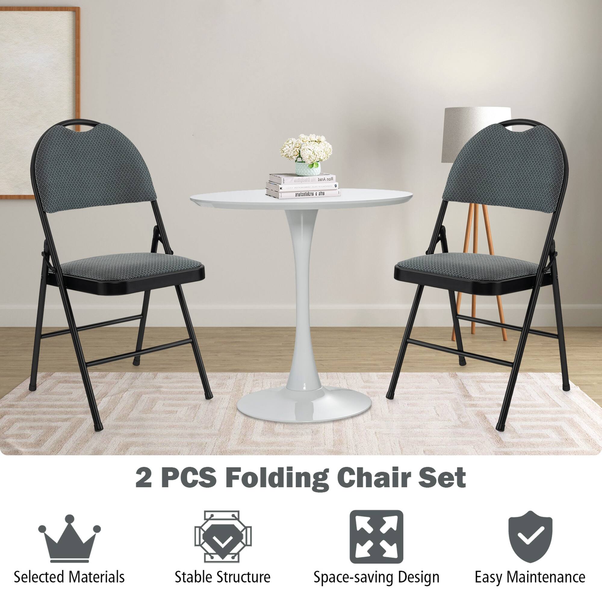 "2 PCS Folding Chair Set - Selected Materials - Stable Structure - Space-saving Design - Easy Maintenance."
