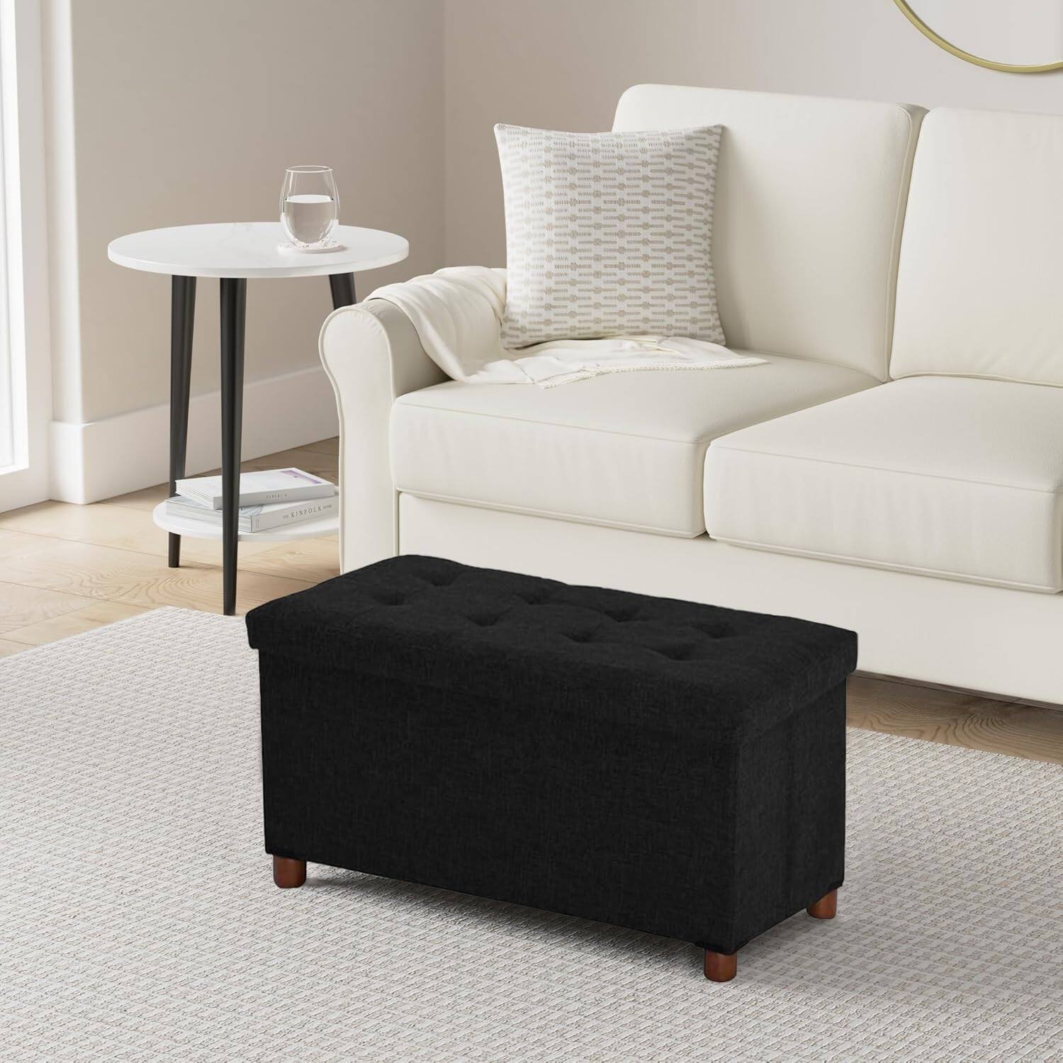 Left. JETRANSPORT - Inches Storage Ottoman Bench Wooden Living Room Foot Rest Removeable Bedroom Linen Fabric Folding Black - Rect Black.