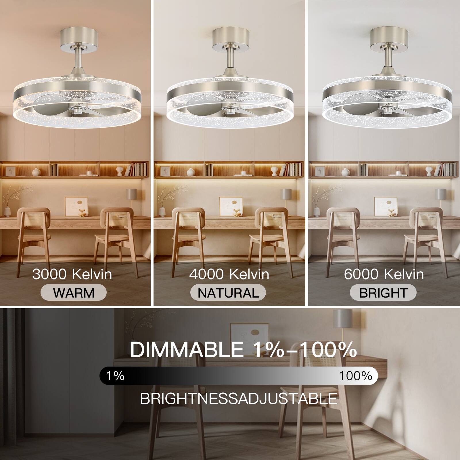 3000 Kelvin WARM  
4000 Kelvin NATURAL  
6000 Kelvin BRIGHT  

DIMMABLE 1%-100%  
BRIGHTNESS ADJUSTABLE