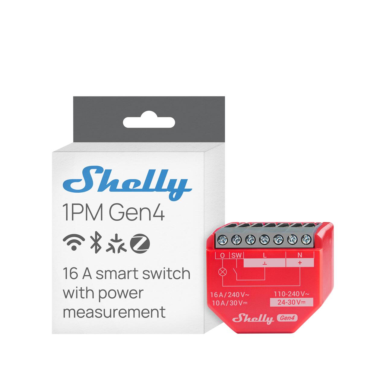Shelly 1PM Gen4  
16 A smart switch with power measurement  
16A/240V~ 10A/30V~ 110-240V~ 24-30V~  
Shelly Gen4