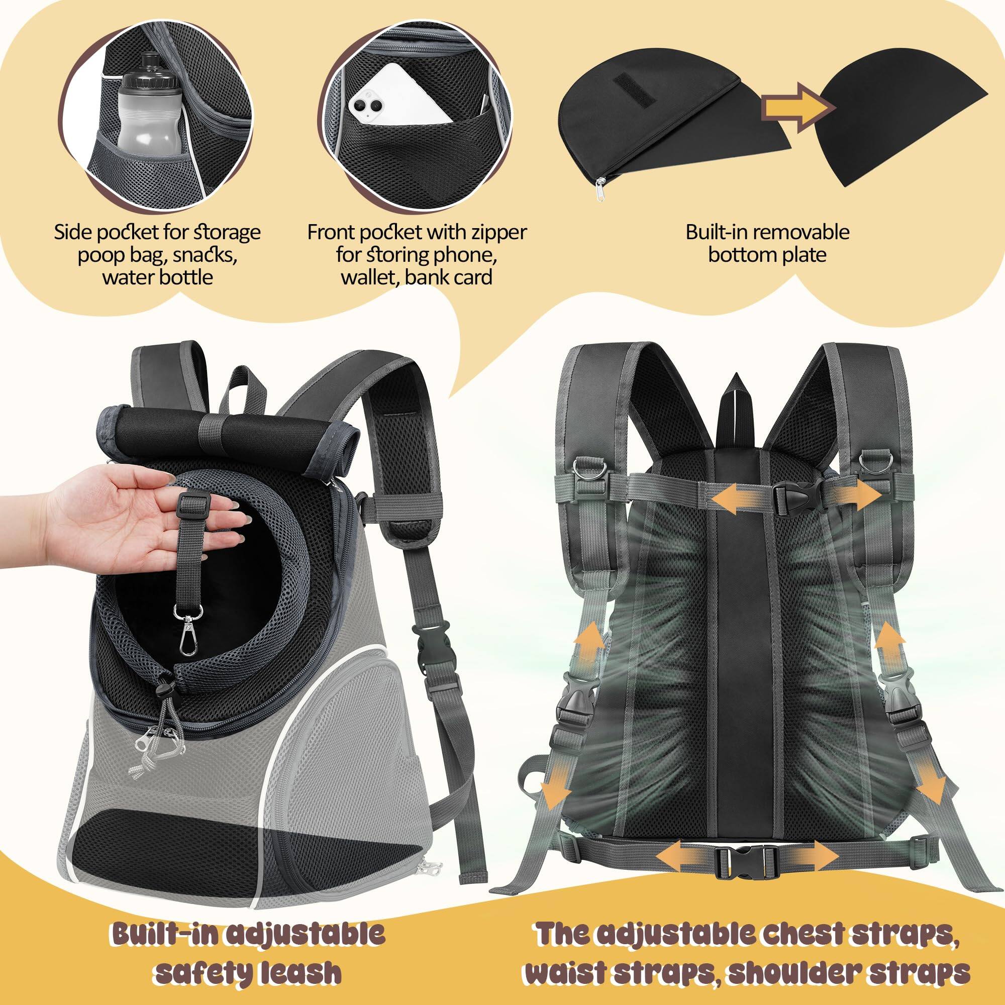 - Side pocket for storage: poop bag, snacks, water bottle
- Front pocket with zipper for storing phone, wallet, bank card
- Built-in removable bottom plate
- Built-in adjustable safety leash
- The adjustable chest straps, waist straps, shoulder straps