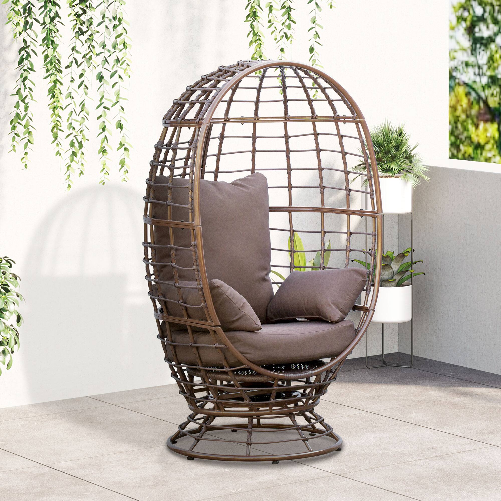 Alt View 1. Outsunny - Wicker Egg Chair, 360 Rotating Indoor Outdoor Boho Basket Seat with Cushion and Pillows for Backyard, Porch, Patio - Brown.