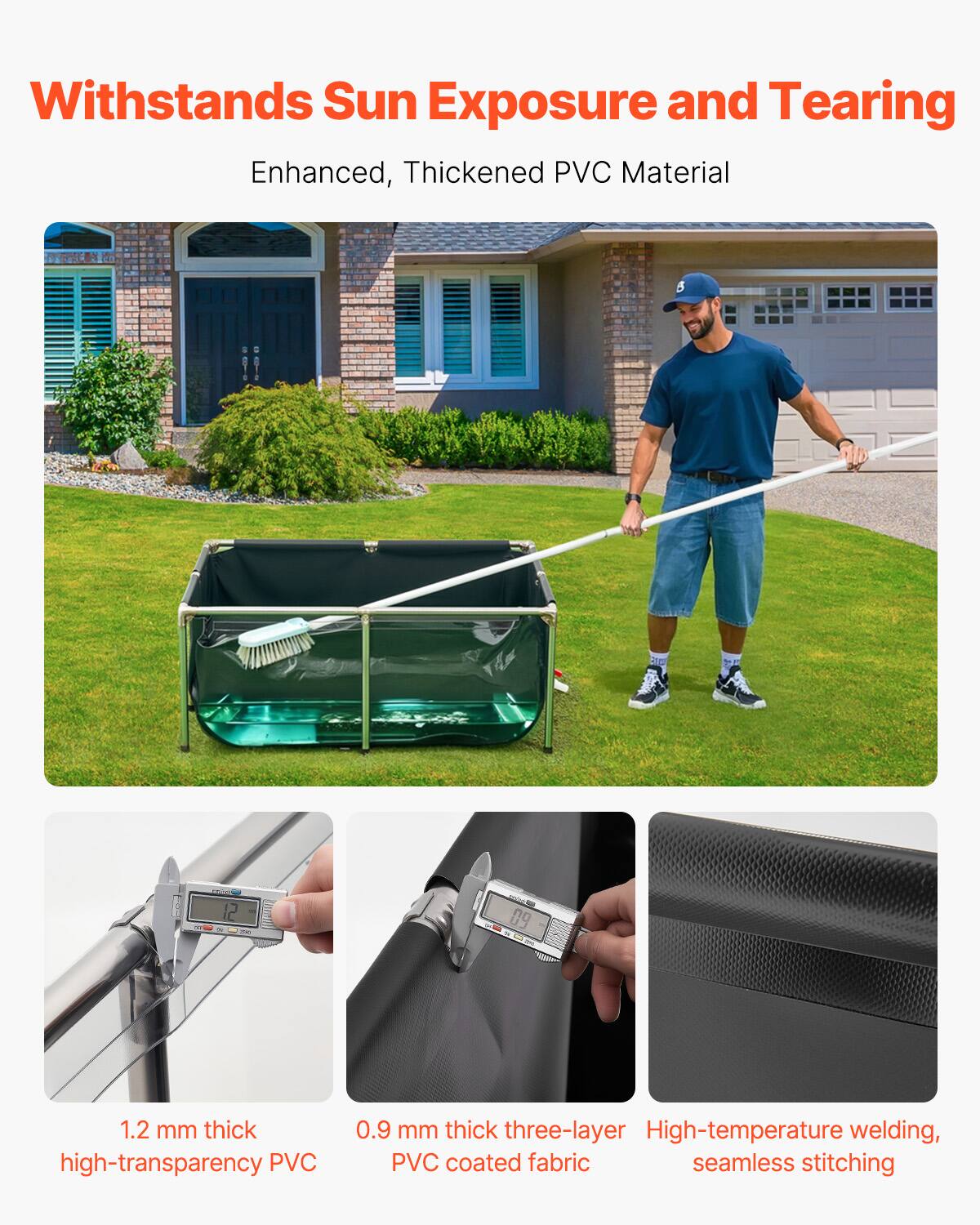 Withstands Sun Exposure and Tearing  
Enhanced, Thickened PVC Material  

1.2 mm thick high-transparency PVC  
0.9 mm thick three-layer PVC coated fabric  
High-temperature welding, seamless stitching