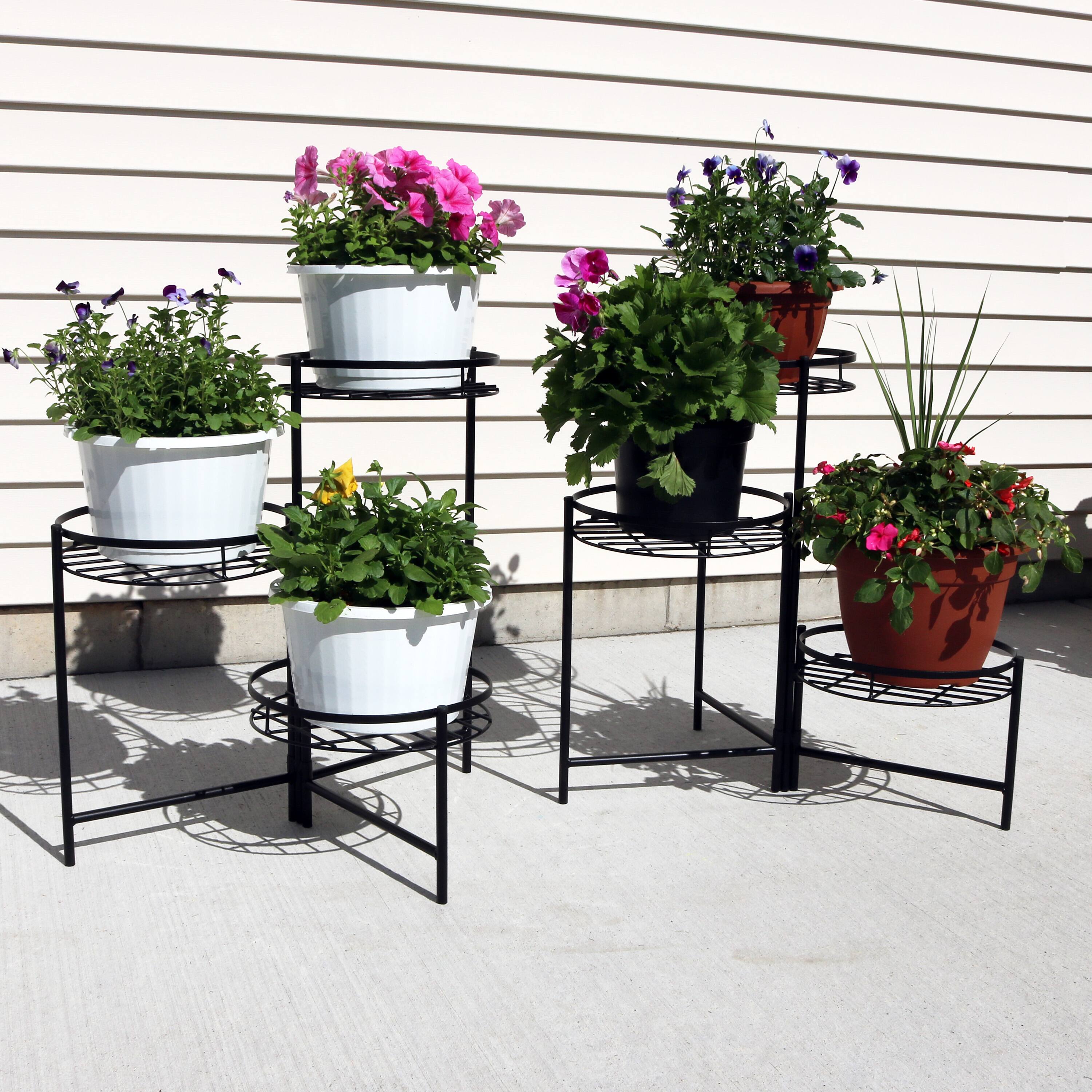 Alt View 4. Sunnydaze - Iron 3-Tier Outdoor Plant Stand - 22 in - Set of 2 - Black.