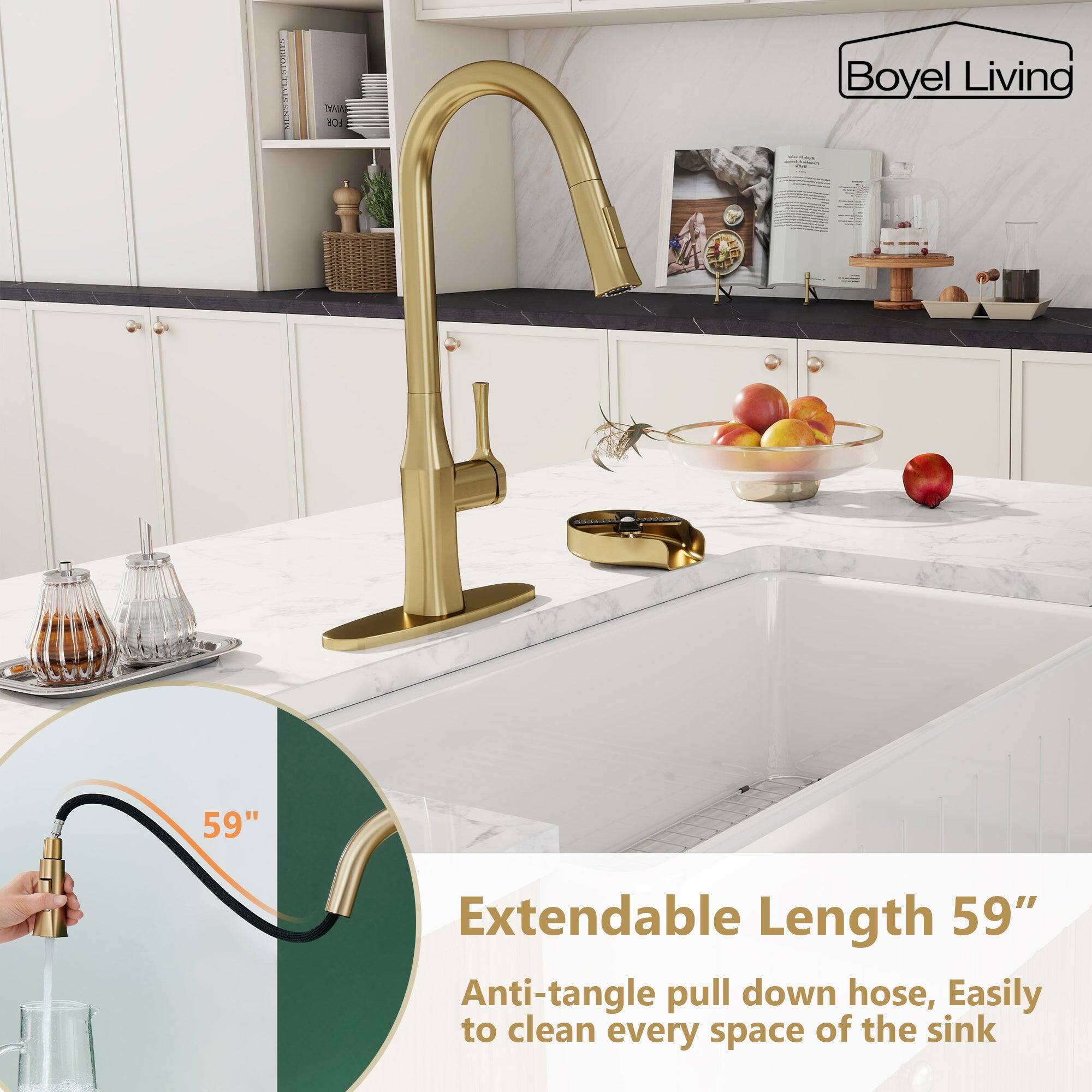 Boyel Living, 59" Extendable Length 59", Anti-tangle pull down hose, Easily to clean every space of the sink