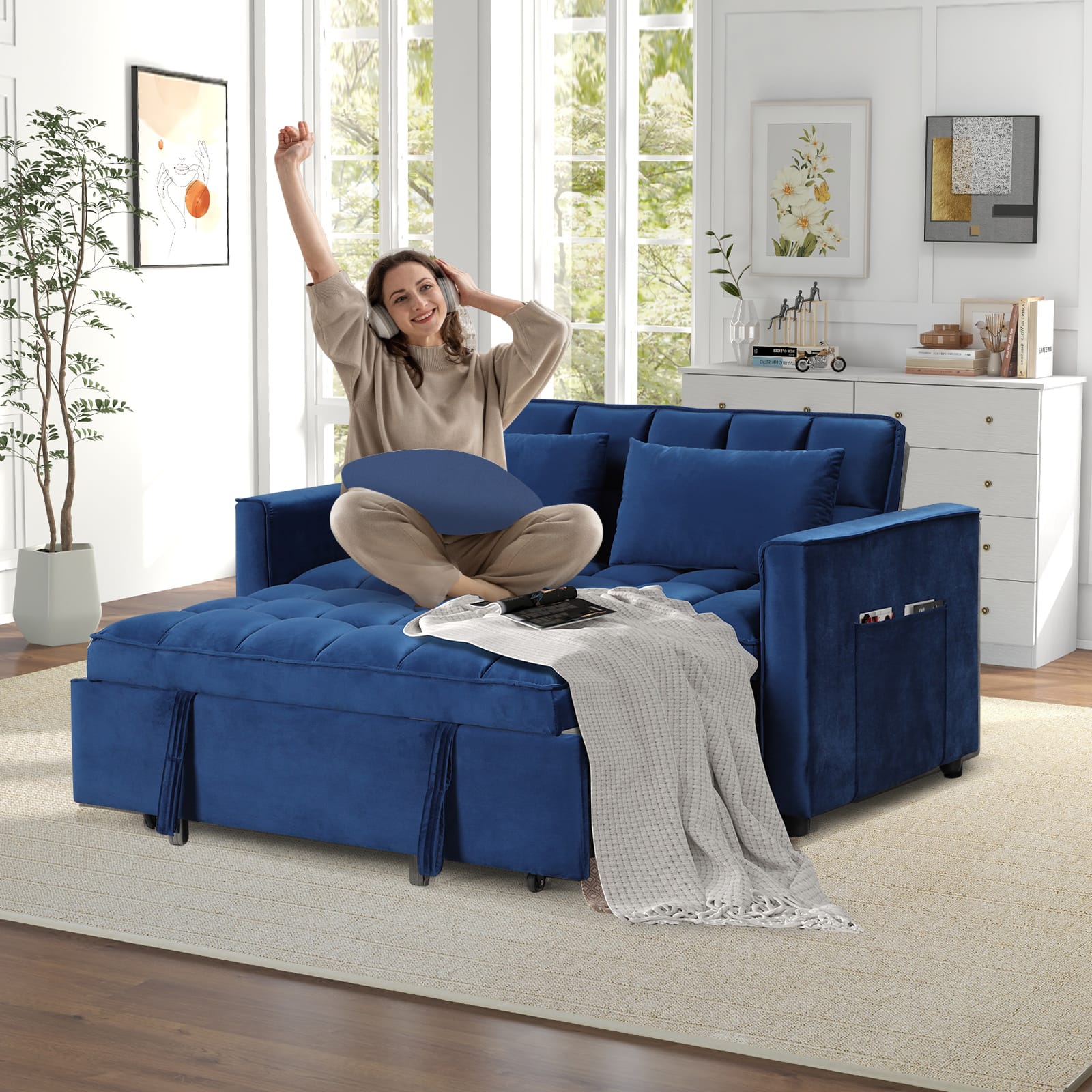 Front. Bestier - Convertible Velvet Sofa Bed 3-in-1 Upholstered Pull Out Sleeper Sofa with 2 Pillows - Blue.