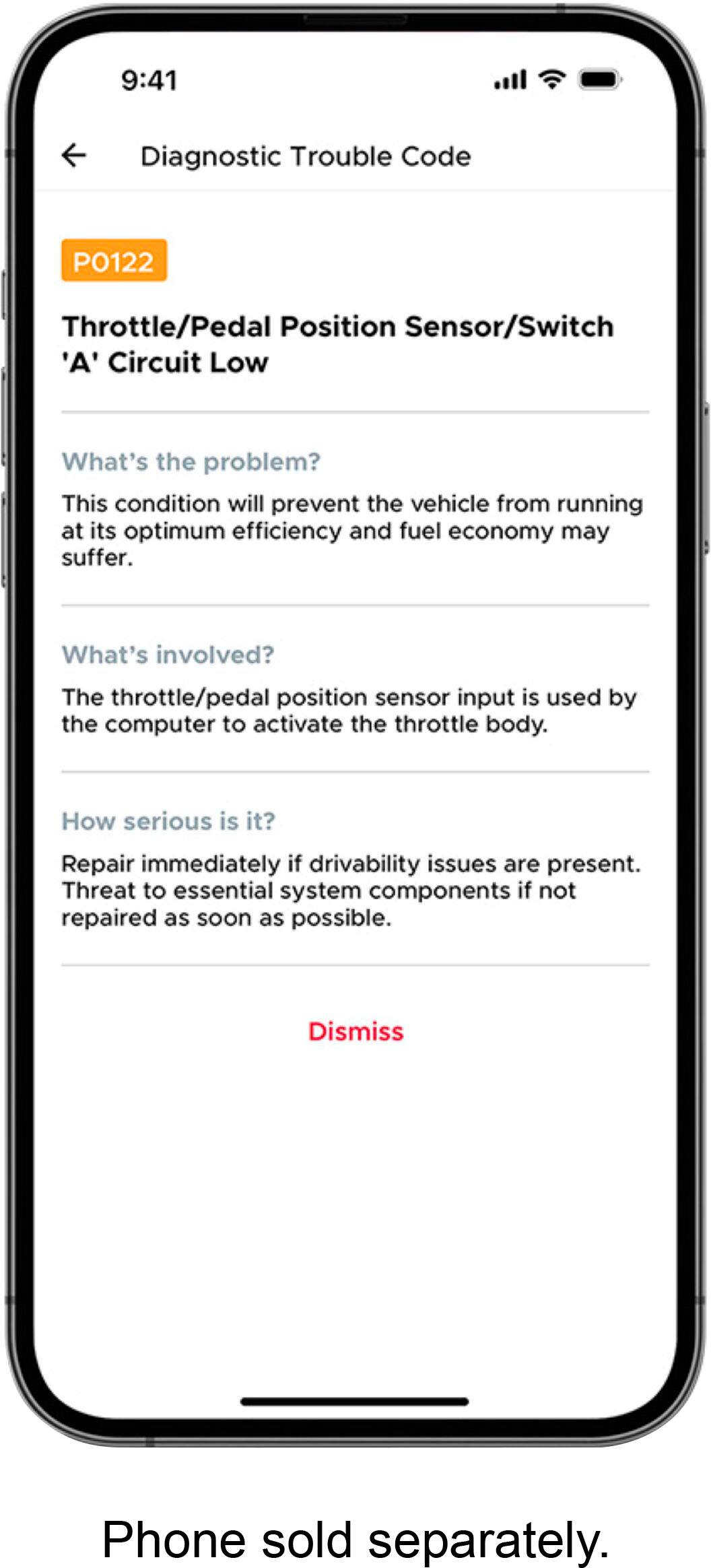 The image shows a phone screen displaying a Diagnostic Trouble Code (DTC) for a vehicle. The DTC indicates a problem with the throttle/pedal position sensor/switch 'A' circuit being low. The screen also provides information about the issue, stating that the condition will prevent the vehicle from running at its optimum efficiency and may affect fuel economy. The screen further explains that the throttle/pedal position sensor input is used by the computer to activate the throttle body. The text on the image suggests that if there are any drivability issues, repair is necessary immediately to avoid potential damage to essential system components. The phone screen also includes a disclaimer that the phone is sold separately.