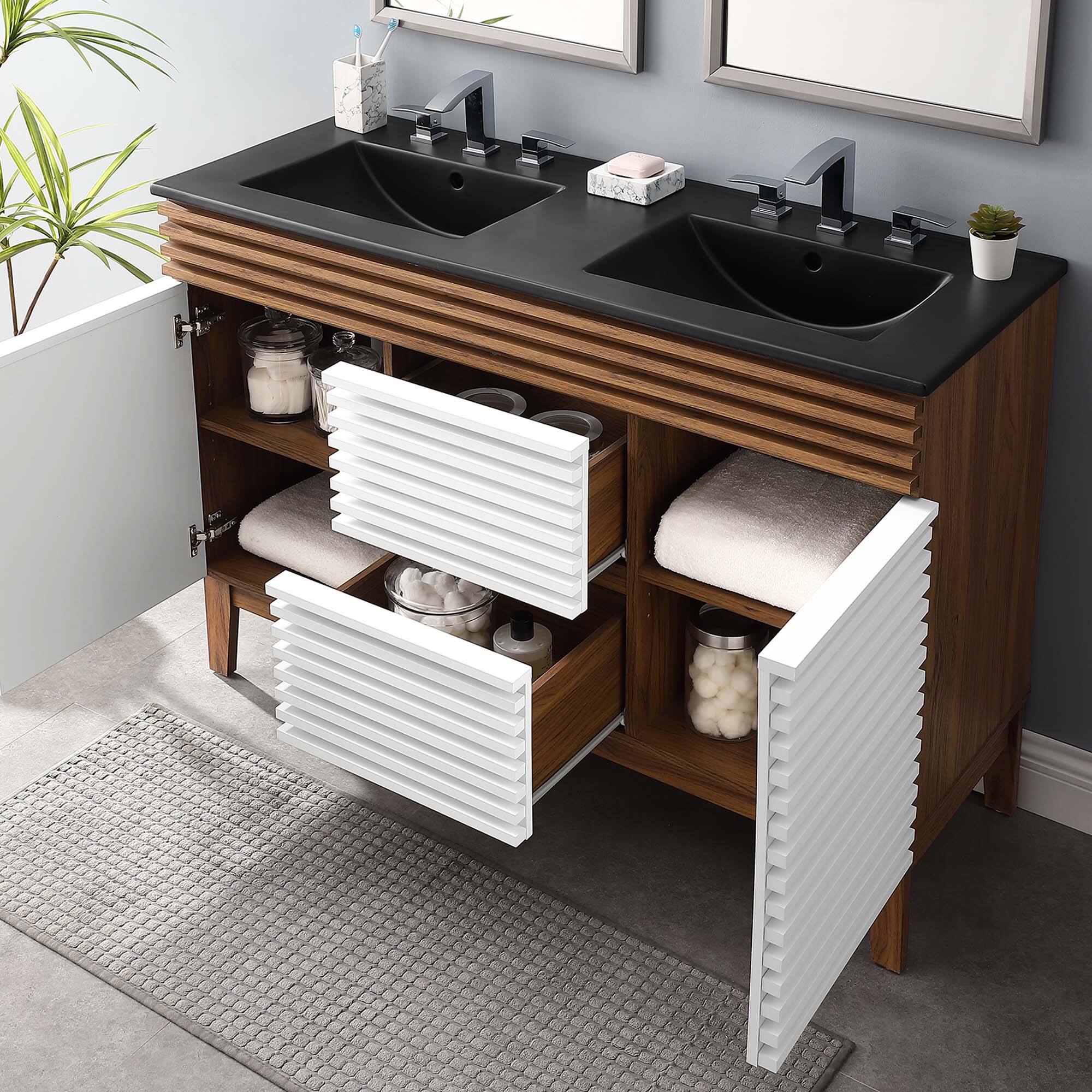 Back. Modway - Render 48" Bathroom  Vanity with Black Basin Included - White Walnut Black.