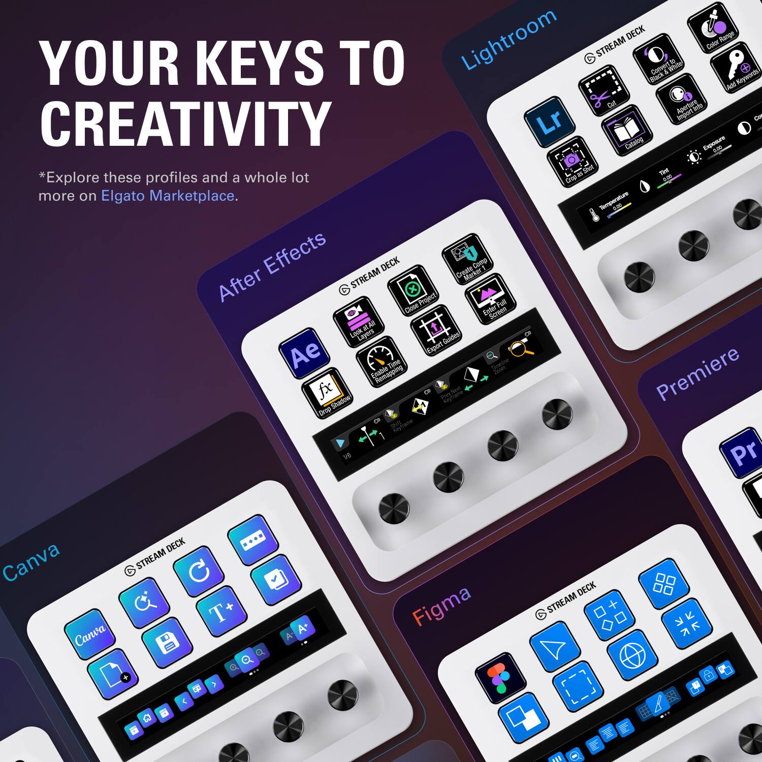 YOUR KEYS TO CREATIVITY

*Explore these profiles and a whole lot more on Elgato Marketplace.

Lightroom
After Effects
Premiere
Canva
Figma