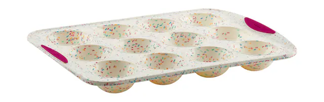 Front. Trudeau - Structure Silicone 12 Cavity Dome Cake Pan, Confetti/Fuchsia - White.