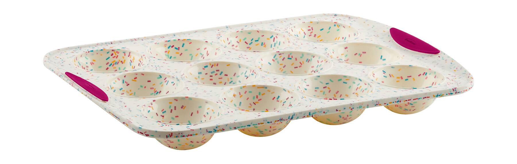 Front. Trudeau - Structure Silicone 12 Cavity Dome Cake Pan, Confetti/Fuchsia - White.