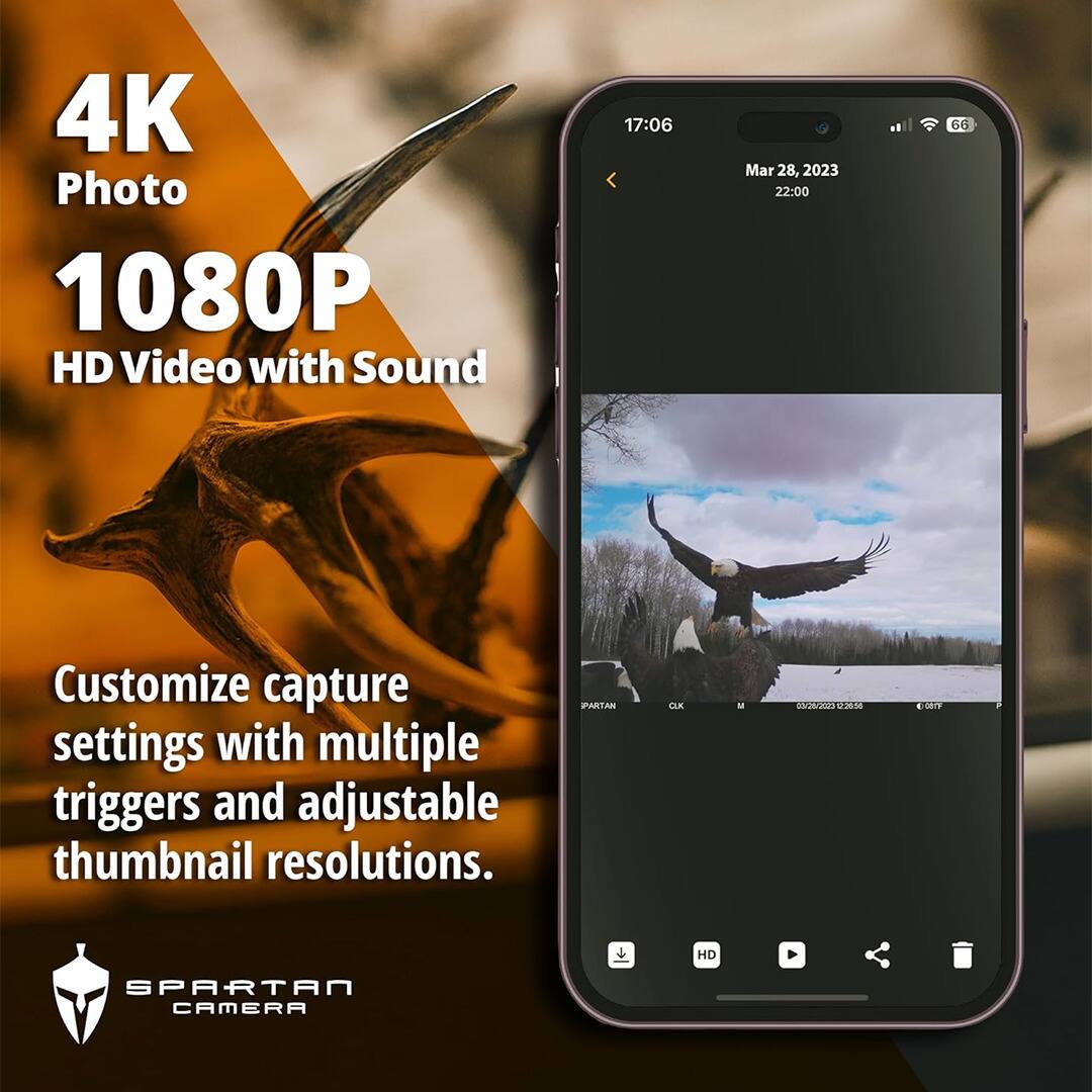 4K Photo  
1080P HD Video with Sound  
17:06 Mar 28, 2023 22:00  
66 Customize capture settings with multiple triggers and adjustable thumbnail resolutions.  
PARTAN CLK M MAA VAS ten HD SPARTAN CAMERA