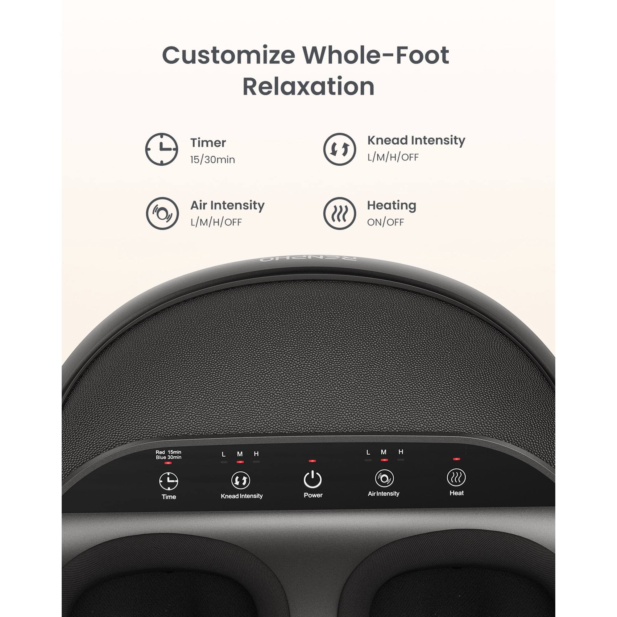 Customize Whole-Foot Relaxation Timer 15/30min Knead Intensity L/M/H/OFF Air Intensity L/M/H/OFF Heating ON/OFF