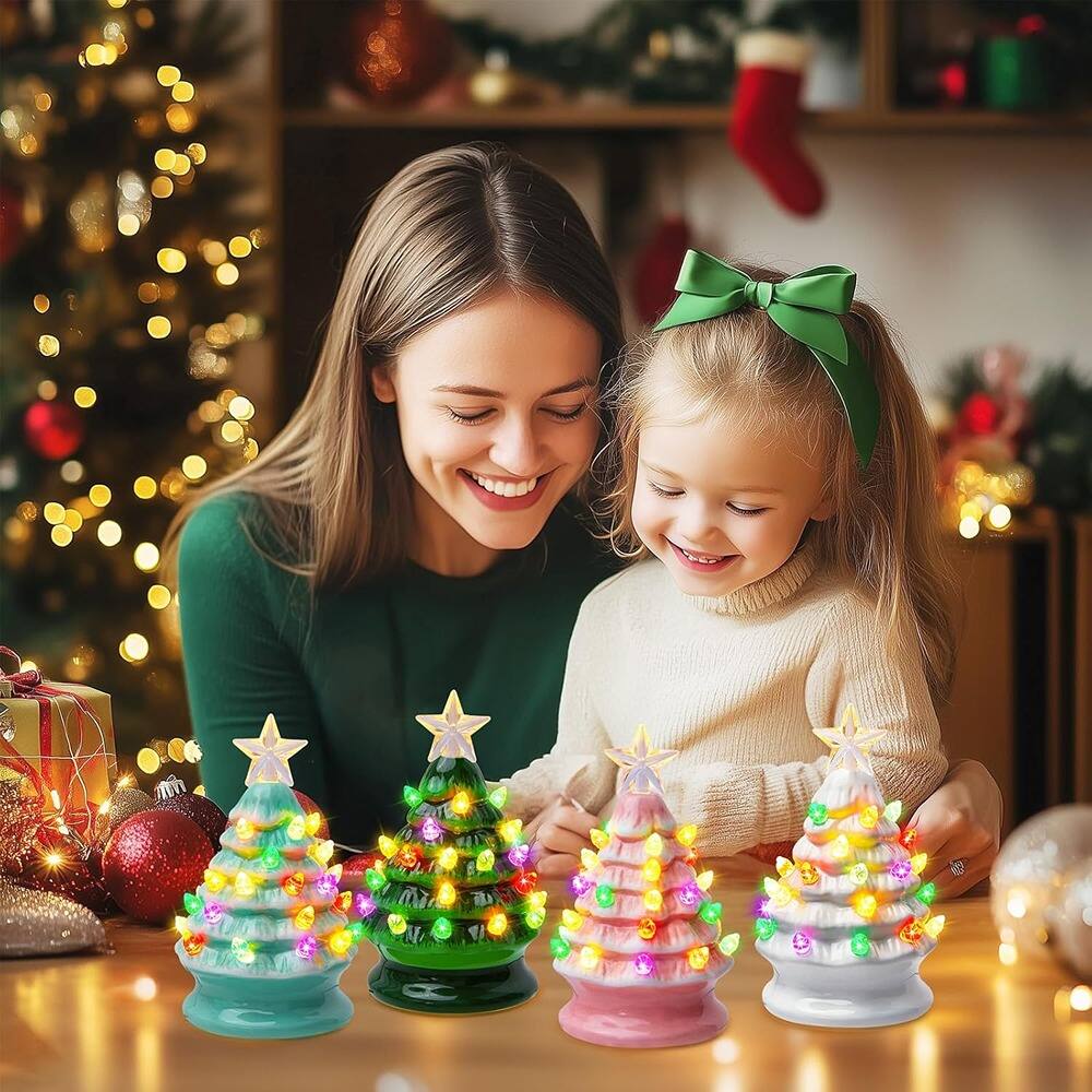 Angle. RTMB - 5" Mini Ceramic Christmas Tree Set of 4, Pre-Lit Tabletop Trees with Multicolored LED Lights, Battery Operated - White + Green + Pink + Light Green.