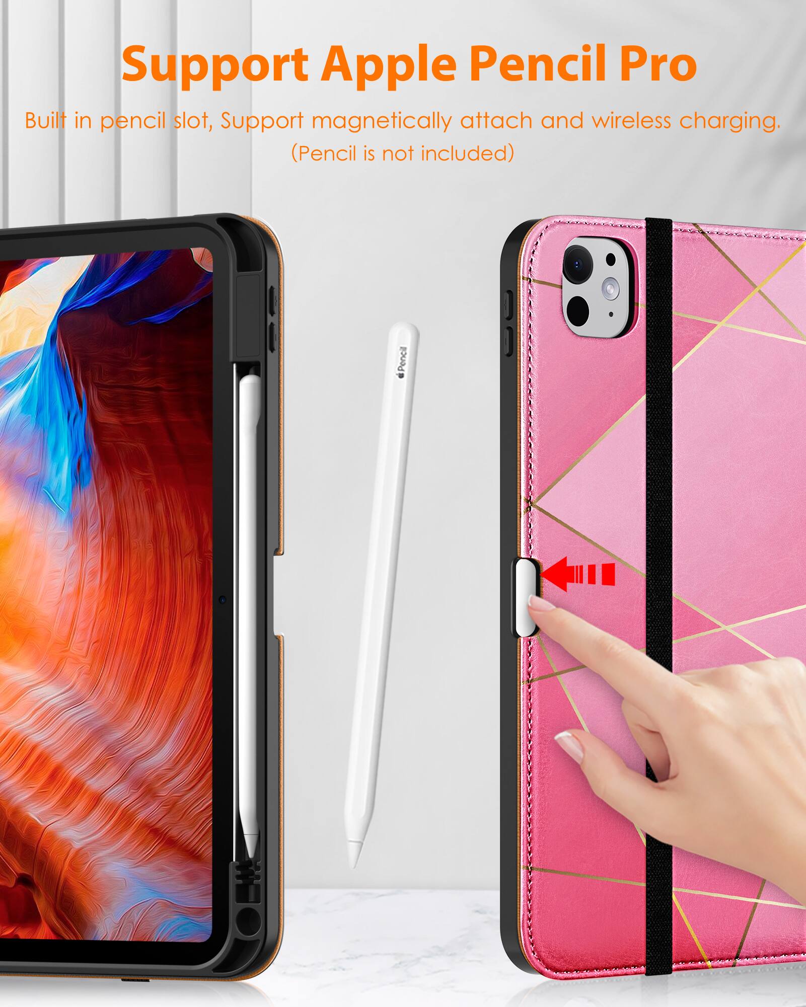 Support Apple Pencil Pro

Built in pencil slot, Support magnetically attach and wireless charging. (Pencil is not included)