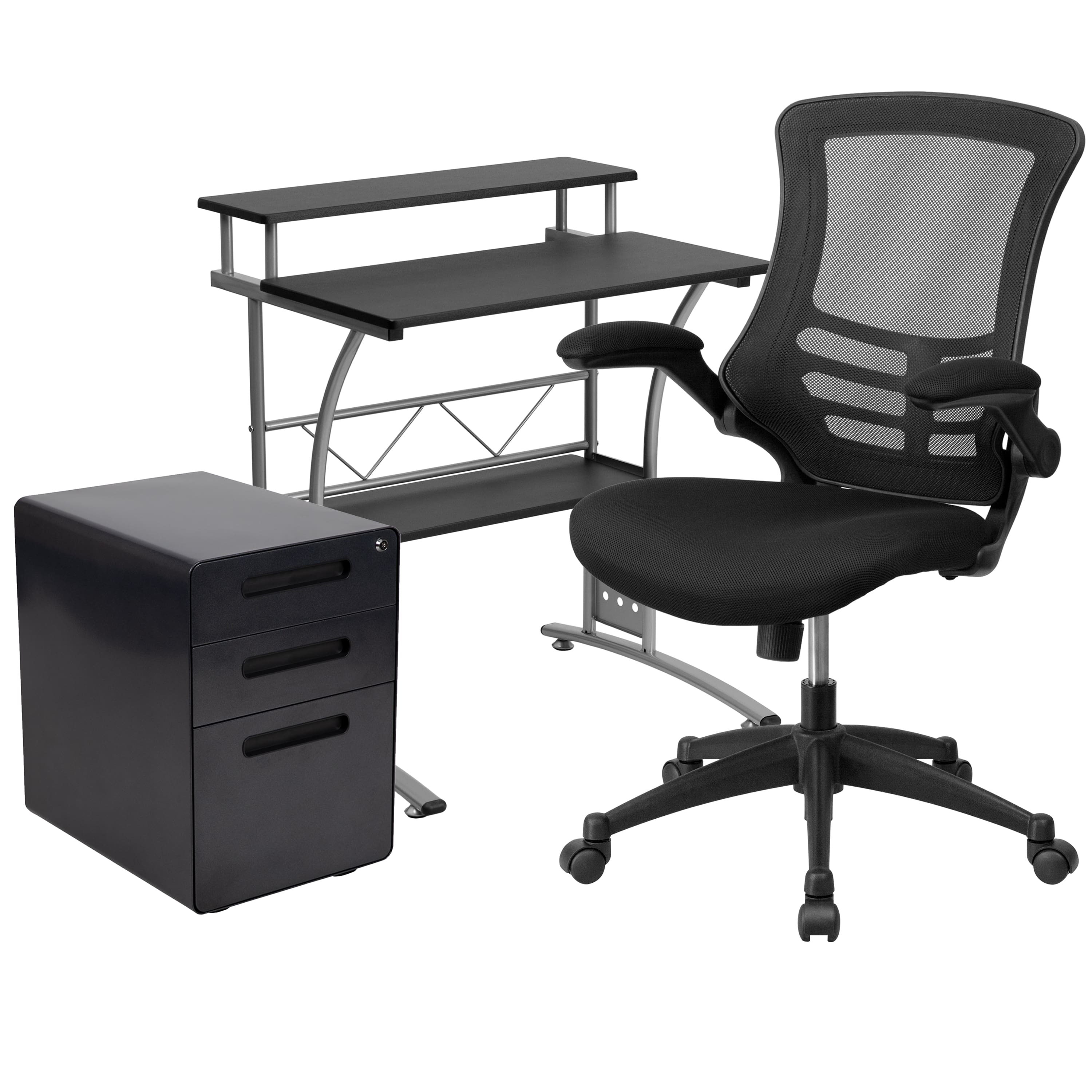 Emma + Oliver - Work From Home Kit-Computer Desk, Ergonomic Mesh Office Chair, Filing Cabinet - Black