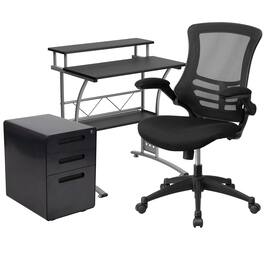 Emma + Oliver - Work From Home Kit-Computer Desk, Ergonomic Mesh Office Chair, Filing Cabinet - Black