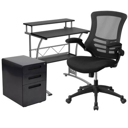 Front. Emma + Oliver - Work From Home Kit-Computer Desk, Ergonomic Mesh Office Chair, Filing Cabinet - Black.