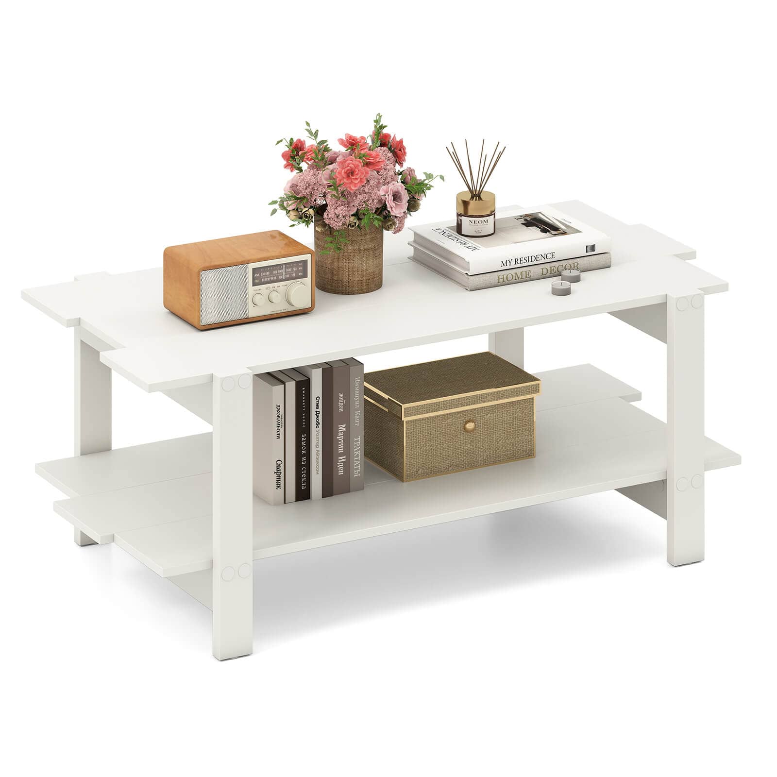 Costway - 2-Tier Coffee Table Irregular Center Table with Open Storage Shelf Cocktail Table - White