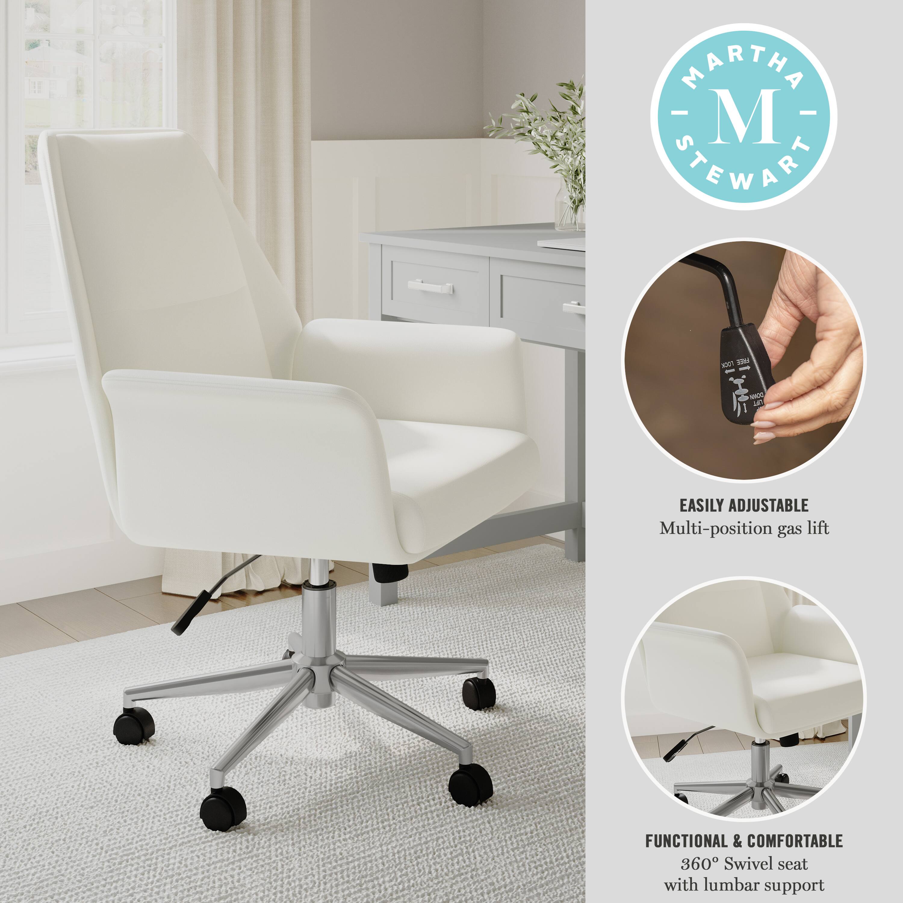 MARTHA STEWART EASILY ADJUSTABLE Multi-position gas lift FUNCTIONAL & COMFORTABLE 360 Swivel seat with lumbar support