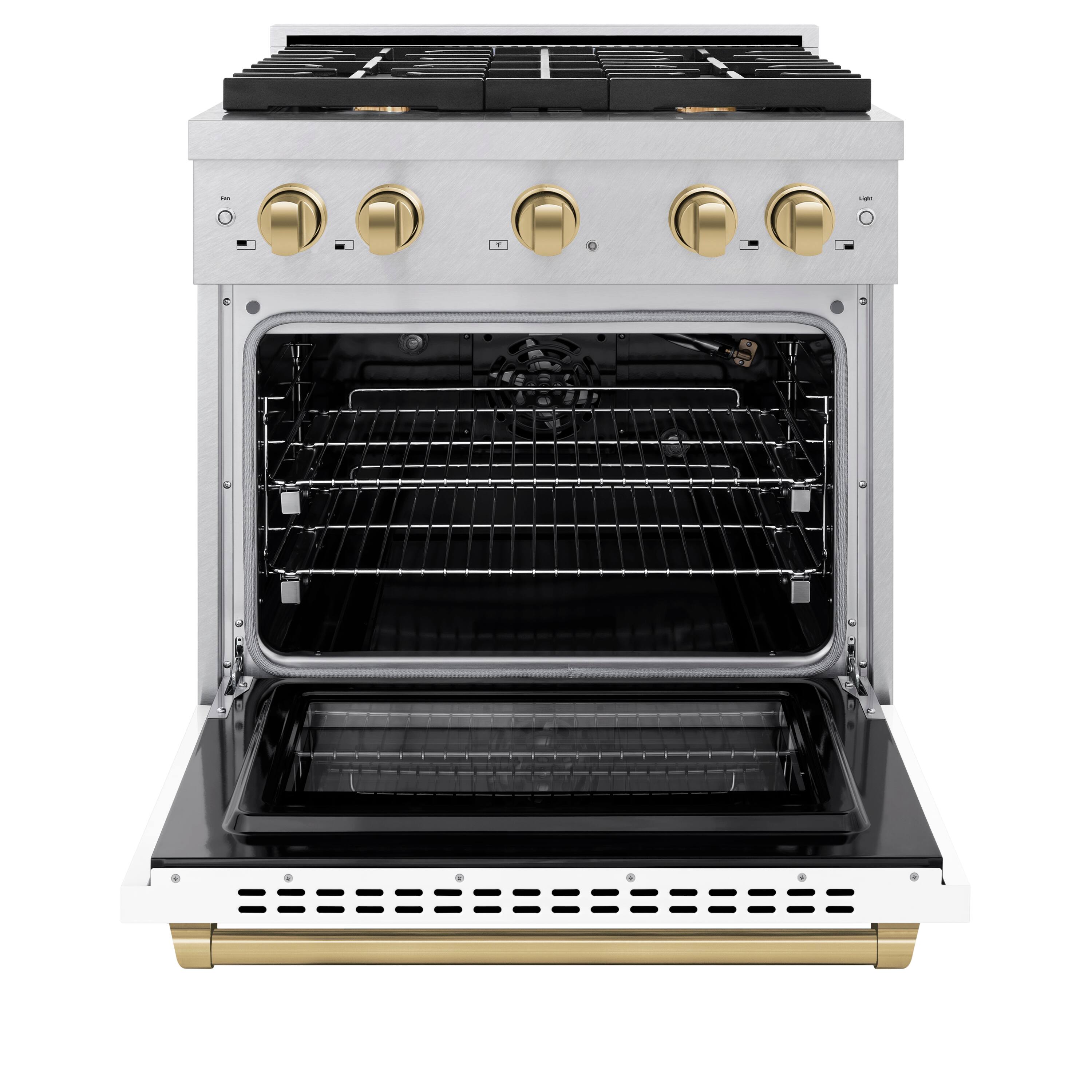 Angle. ZLINE - ZLINE Autograph 30 in. Paramount Satin Steel Gas Range w/ White Door & Bronze Accents (SGRSZ-WM-30-CB) - White.