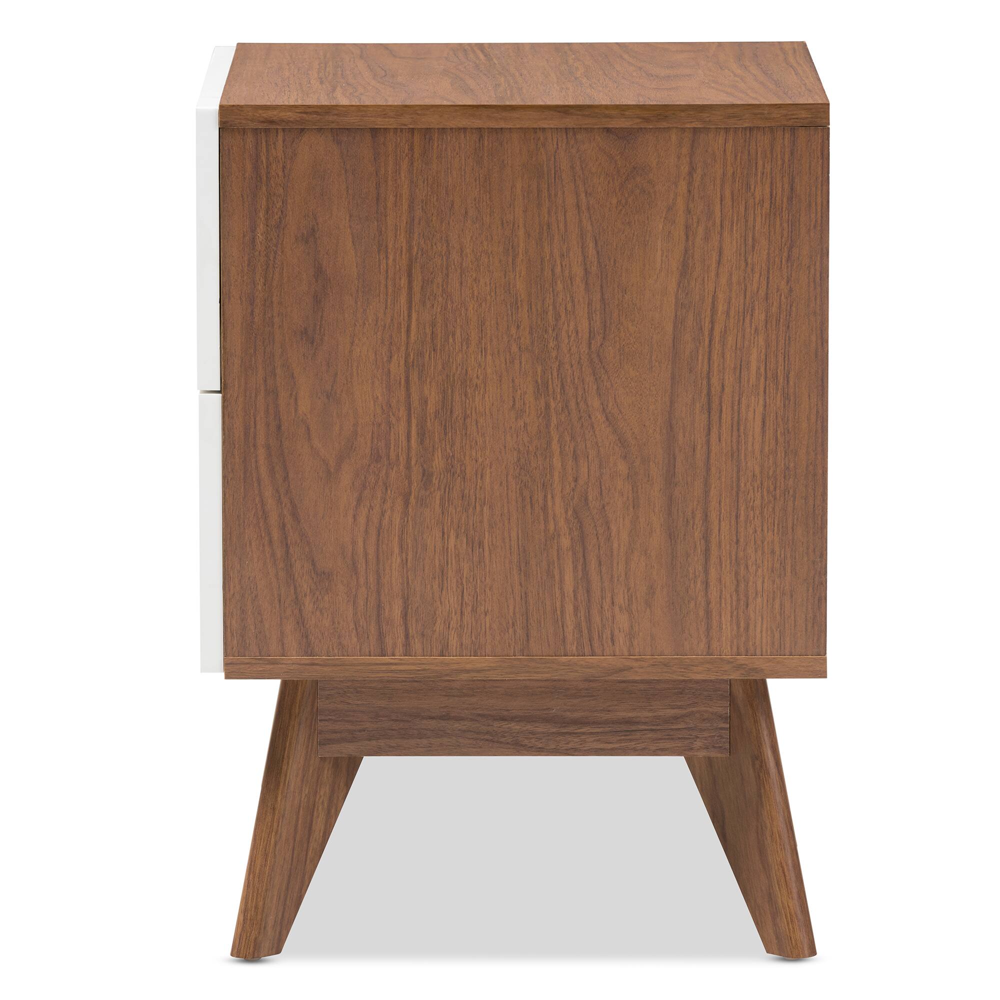 Back. Baxton Studio - Calypso Mid-Century Modern Wood 2-Drawer Storage Nightstand - White/"Walnut" Brown.