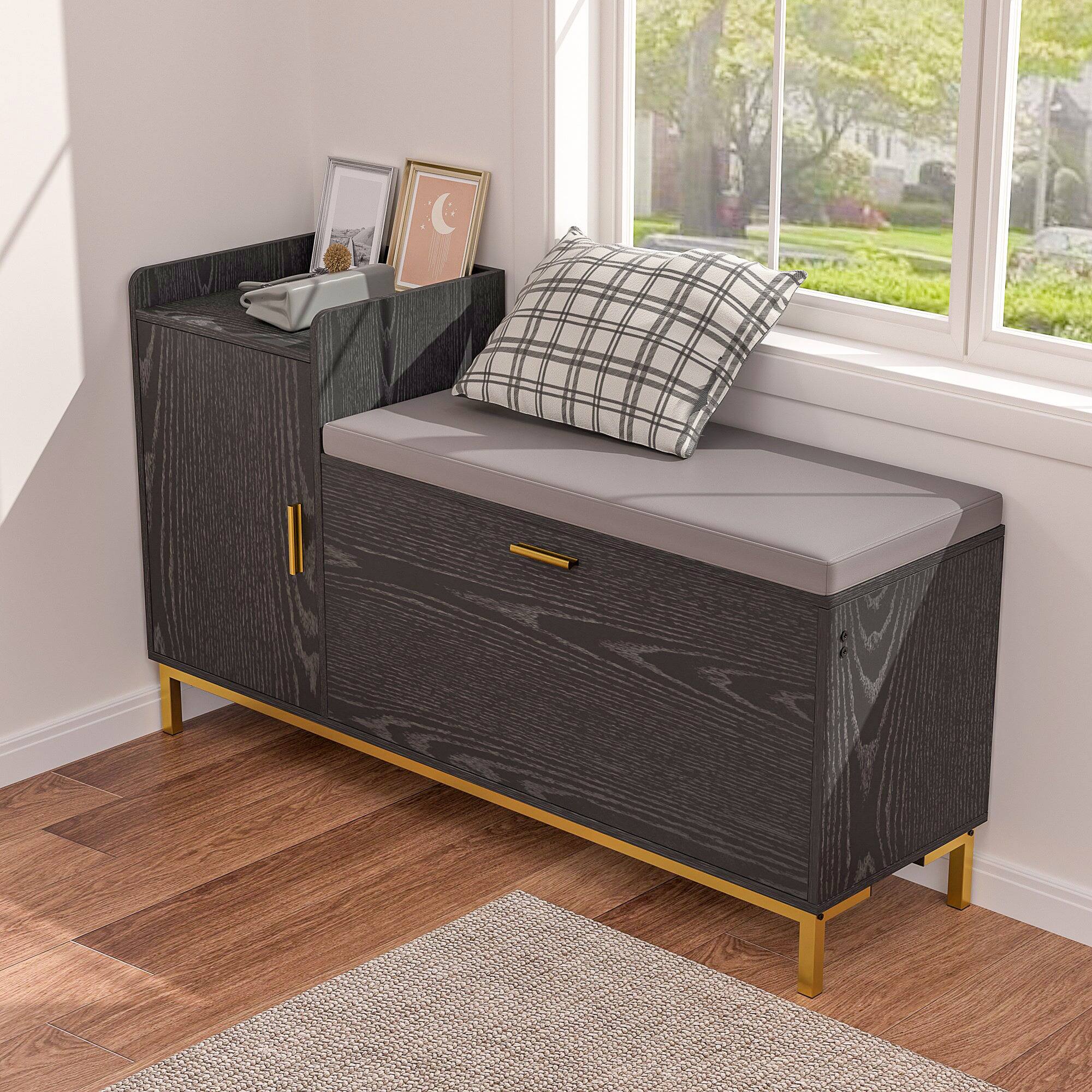 Back. Vecelo - Flip Drawer Shoe Storage Bench with Cushion, Entryway Shoe Bench with PU Leather Seat and Steel Frame - Black.