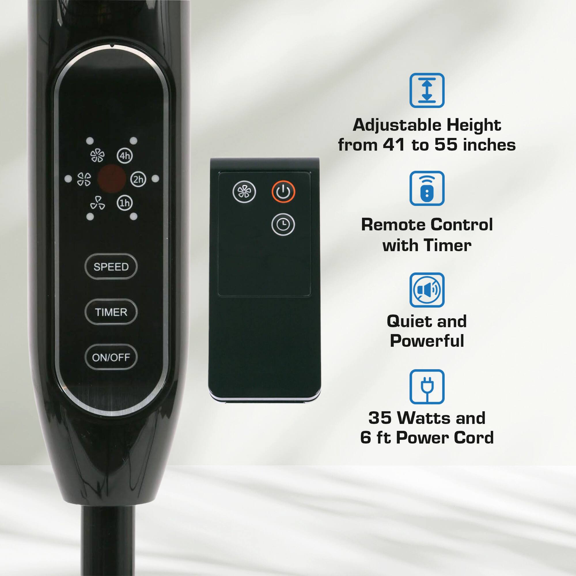 - Adjustable Height from 41 to 55 inches
- Remote Control with Timer
- Quiet and Powerful
- 35 Watts and 6 ft Power Cord
