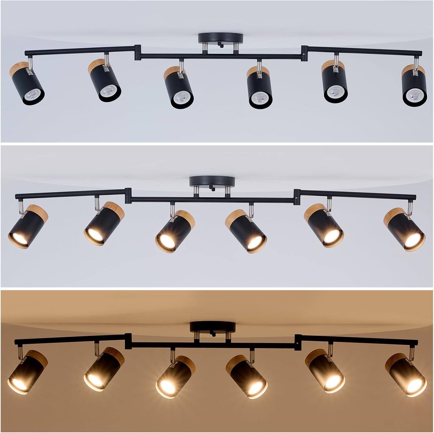 Left. Dazzed Corner - 6-Light Black Track Lighting with Natural Wood Accents, Adjustable Beams and Rotating Spotlights - Black.