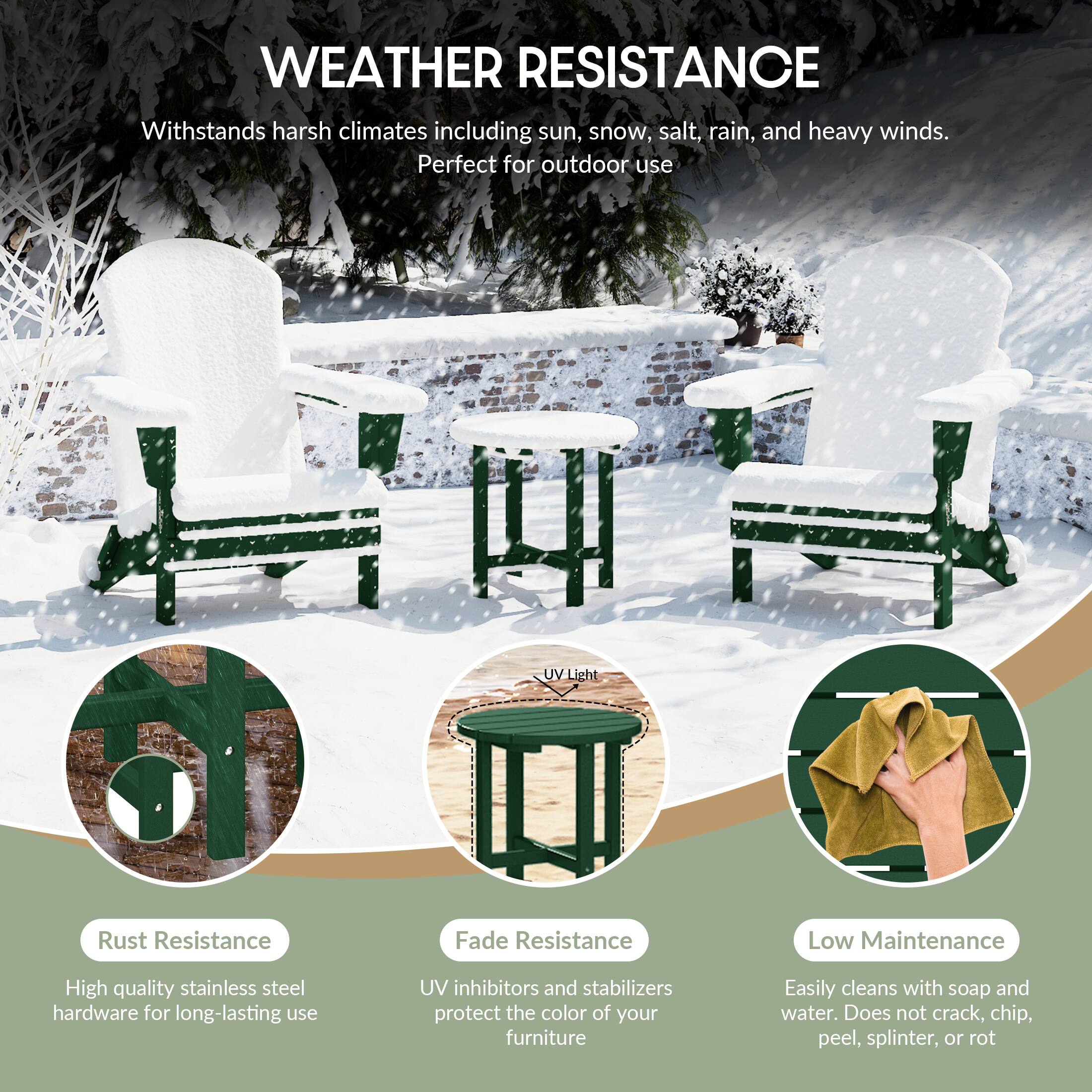 WEATHER RESISTANCE  
Withstands harsh climates including sun, snow, salt, rain, and heavy winds.  
Perfect for outdoor use  

- Rust Resistance  
  High quality stainless steel hardware for long-lasting use  

- Fade Resistance  
  UV inhibitors and stabilizers protect the color of your furniture  

- Low Maintenance  
  Easily cleans with soap and water. Does not crack, chip, peel, splinter, or rot
