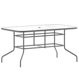 Emma + Oliver - 31.5" x 55" Rectangular Tempered Glass Metal Table with Umbrella Hole - Clear Top/Silver Frame