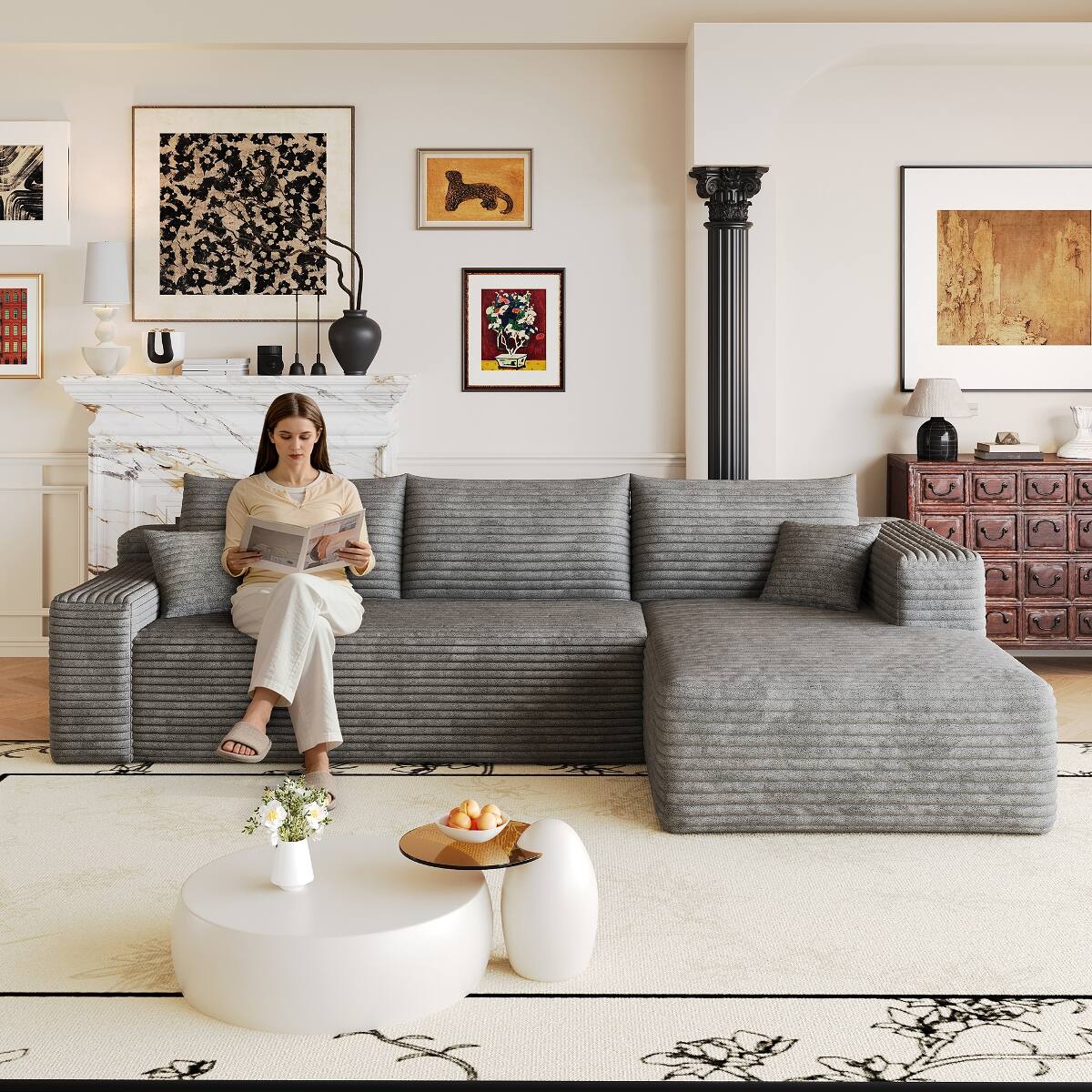 Front. Ropilly - Ropilly Cloud Sectional Sofa, Dark Grey L Shaped Sofa with Deep Seat Corner Couch, Corduroy Upholstery - Dark Grey.