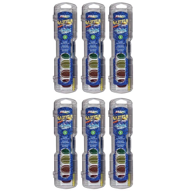 Prang - Washable Watercolors Set 8 Assorted Glitter Colors w/Brush Pack of 6